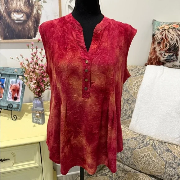 New Directions Mandarin Collar Red Sleeveless Blouse - Picture 1 of 5
